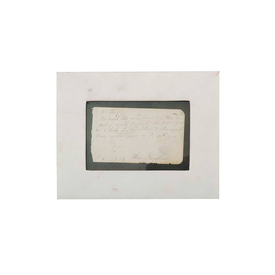 Marble Photo Frame, 7"L x 9"H, white finish with black inner border, displays an old handwritten note with cursive and signature.