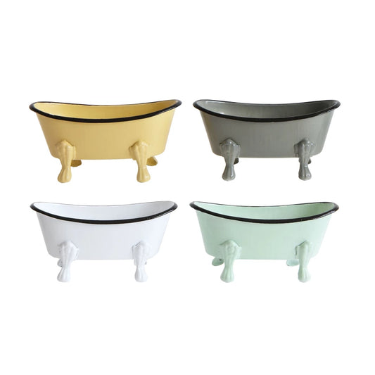 Four small metal bathtub soap dishes with black rims and feet. Available in yellow, gray, white, and mint green. Adds charming bathroom decor or a rustic vintage accent. Sizes: Small.