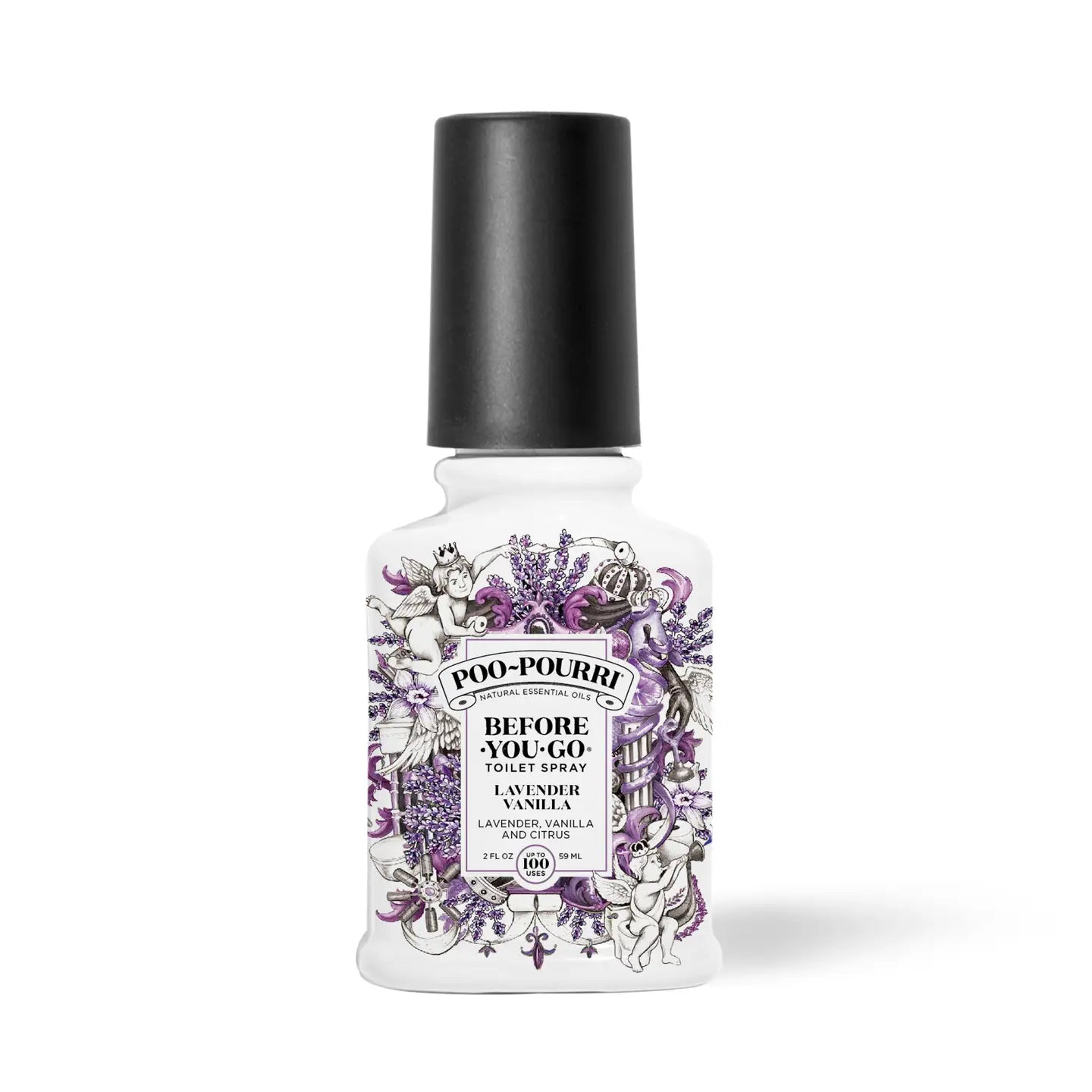 **Lavender Vanilla 2oz Toilet Spray**
White bottle with detailed purple and black floral illustration. Black cap. Eliminates bathroom odor with essential oils. Available in a 2oz size.