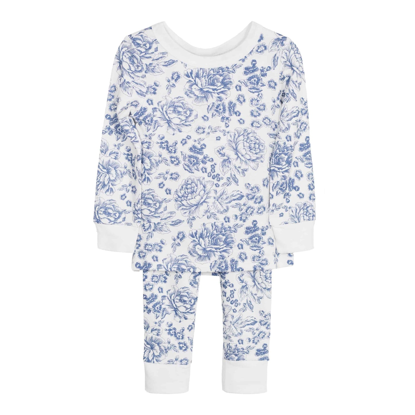 Children’s long-sleeve pajama set in 2T, navy toile floral on white, organic cotton, white cuffs at wrists and ankles.