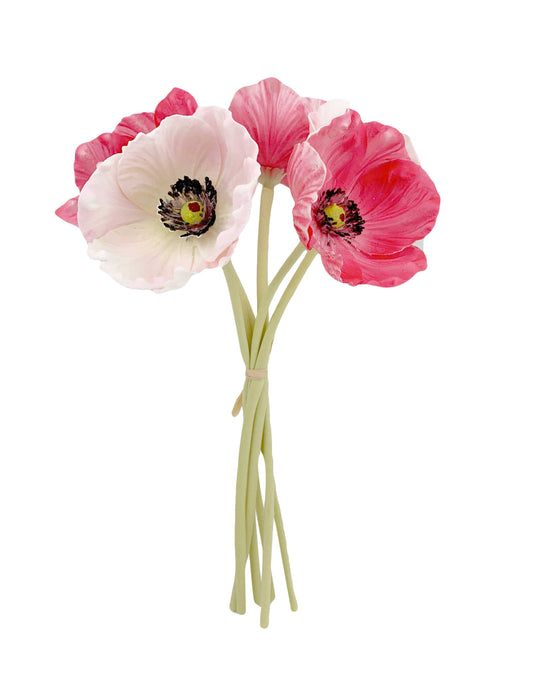 10" Real Touch Poppy, 6 stems per bundle: Blush and Beauty Pink.

Bridal bouquet with 5 anemone flowers (3 pink, 2 white), green stems, light pink ribbon. Dark centers with black stamens, ruffled petals.