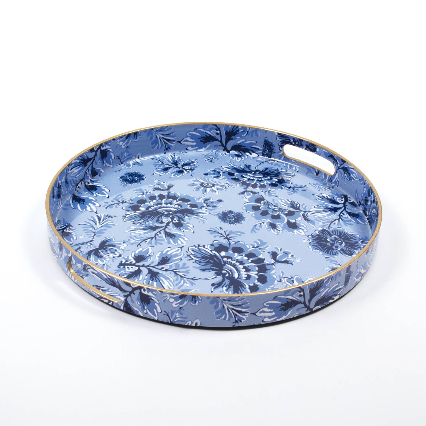 Blue Floral Round Tray with blue floral pattern, gold trim, and two cut-out handles. Available in 12" and 16" diameters.