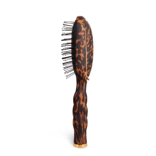 Detangler Hair Brush for Fine Hair | Tortoise: tortoiseshell pattern, black bristles, ergonomic curved design. Sizes: S/M/L.