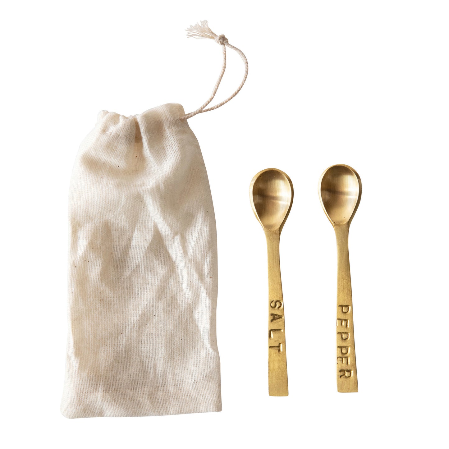 3-1/4"L metal "Salt" and "Pepper" spoons with brass finish; includes cream-colored drawstring bag. Set of 2.