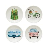 Set of four 3" round white stoneware dishes, each with a unique adventure image: green backpack, green bicycle, blue camper van, or pink vintage car.