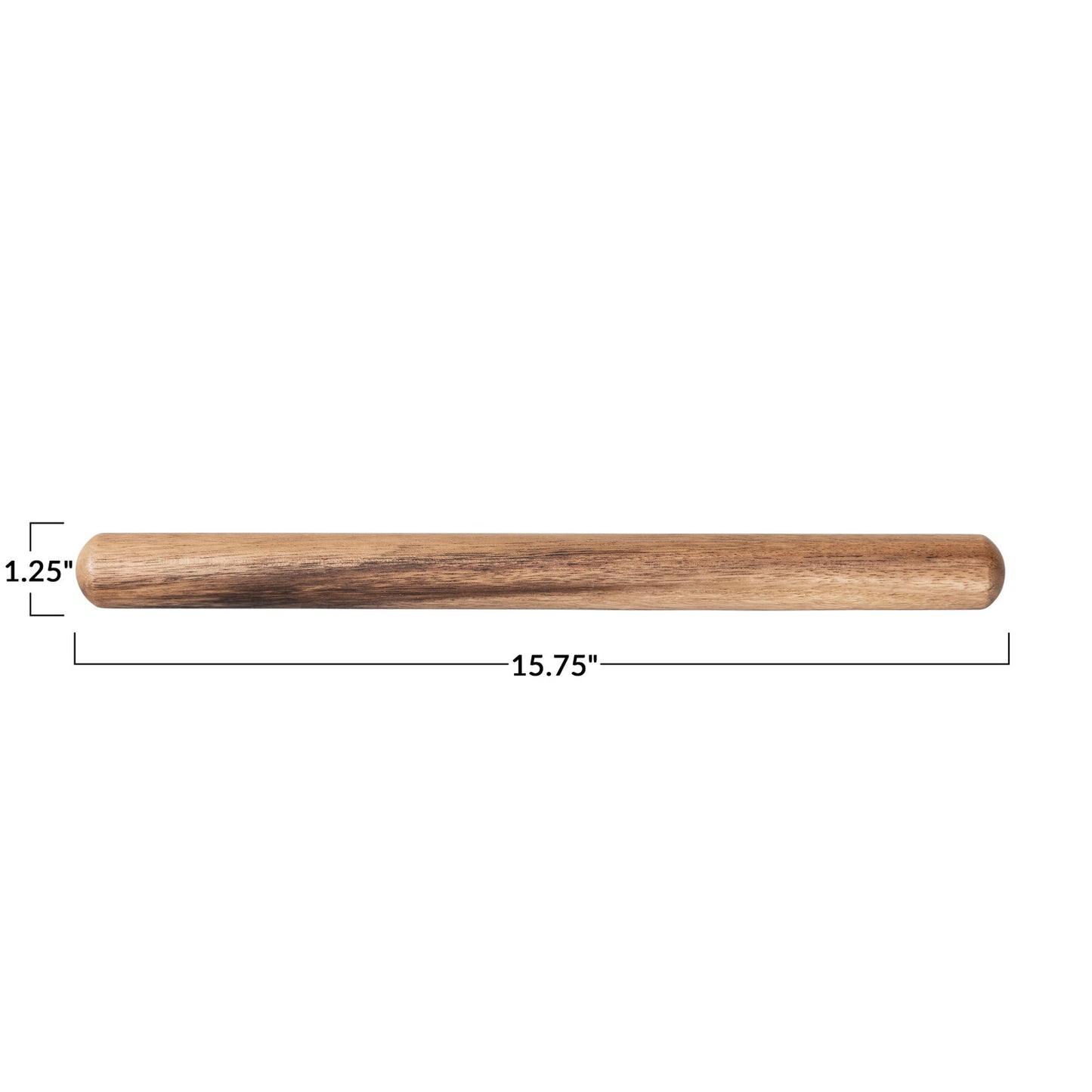 Suar Wood Rolling Pin, Natural. Size: 15-3/4"L x 1-1/3"W. Features natural grain pattern and color variations.
