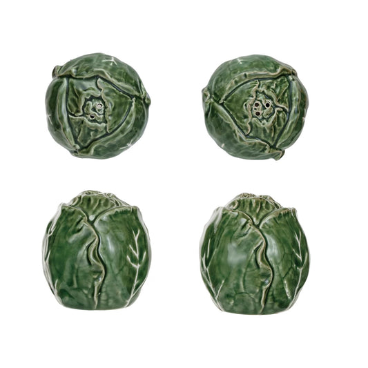 Cabbage-shaped salt & pepper shakers, hand-painted stoneware with leaf details. Available in one standard size.