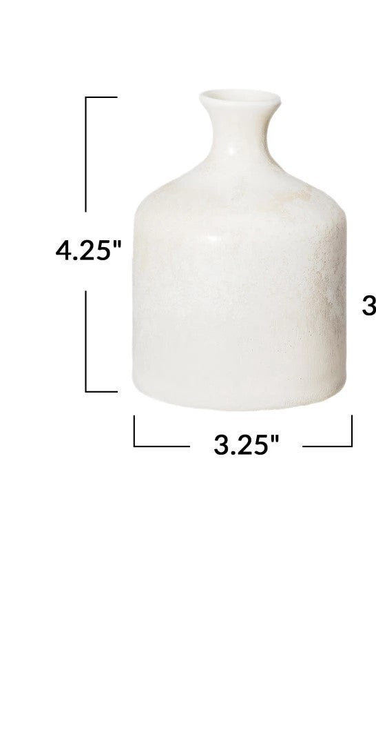 Small round white Stoneware Vase, narrow neck, 4.25" tall x 3.25" wide, with black lines and text showing its dimensions.