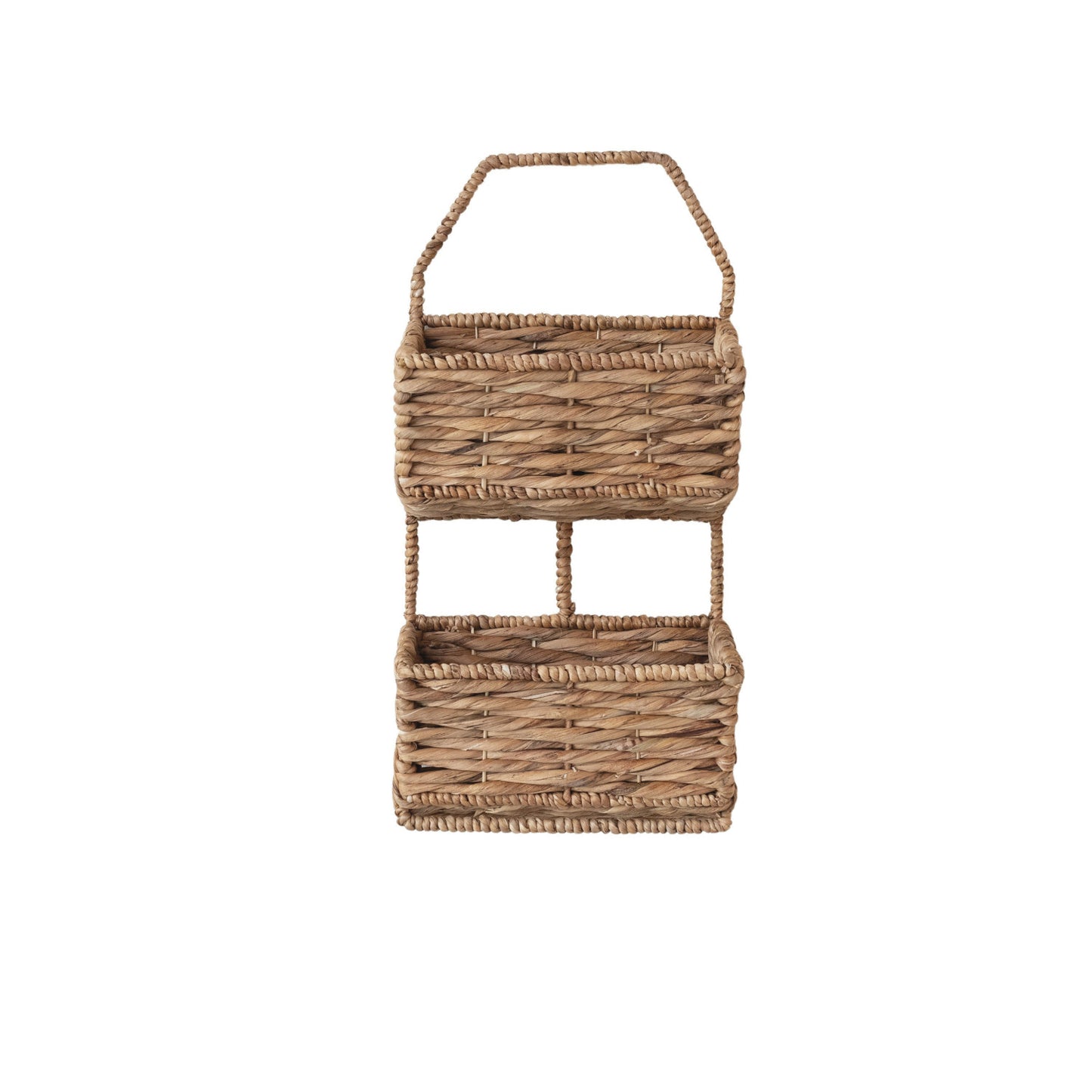 The Metal & Water Hyacinth 2-Tier Wall Basket is a 15-3/4"W x 13"D x 14-1/2"H natural, hand-crafted basket featuring a woven design and handle. Ideal for storage or decoration with rustic style and rectangular baskets.