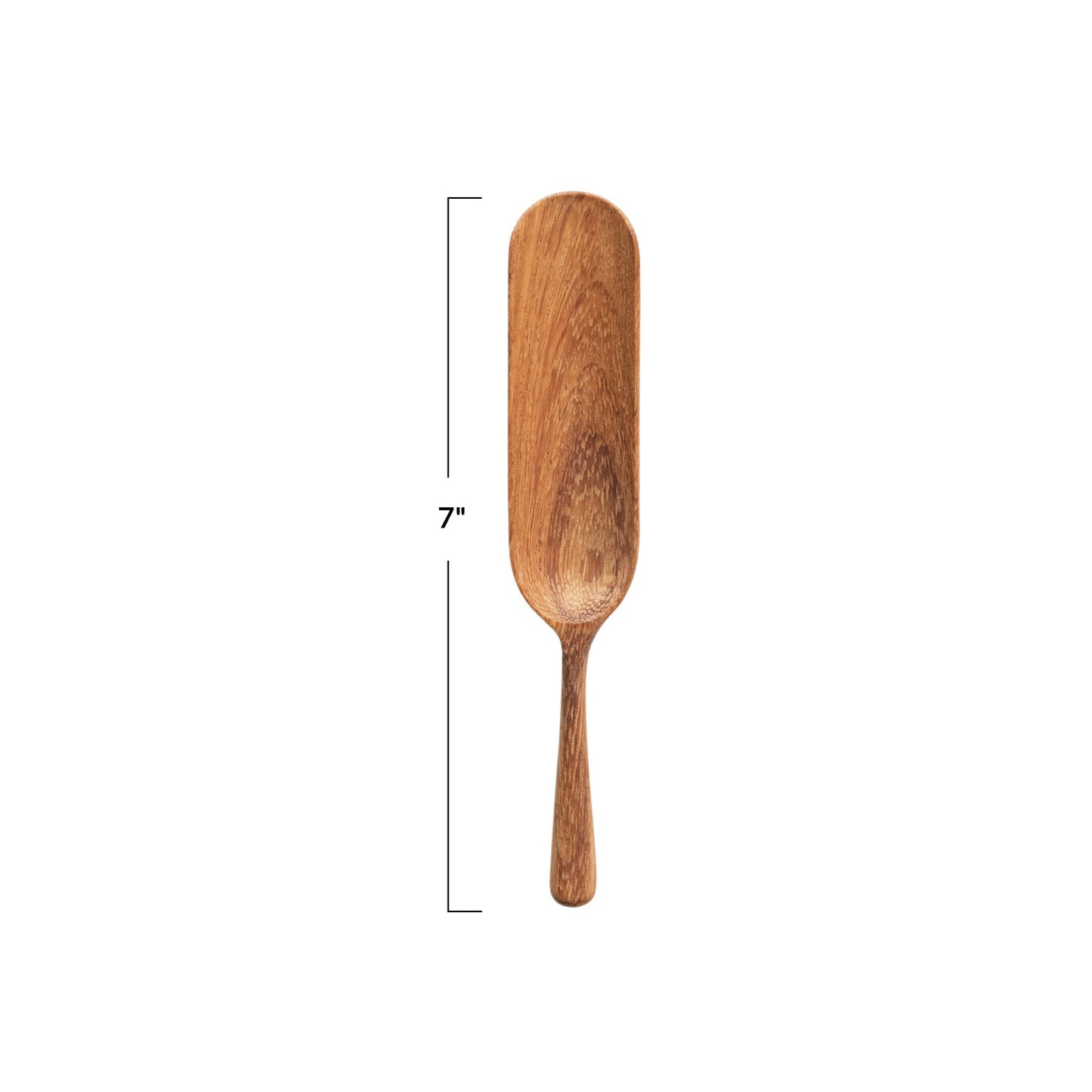 Luxurious 7" spoon carved from natural doussie wood, featuring a round handle and flat rectangular head.