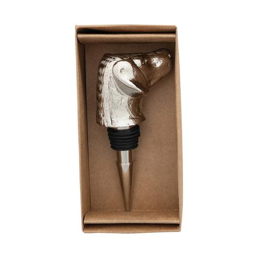 Cast Aluminum Animal Head Bottle Stopper with nickel finish; features a ribbed black rubber section for effective sealing. Available in standard size.