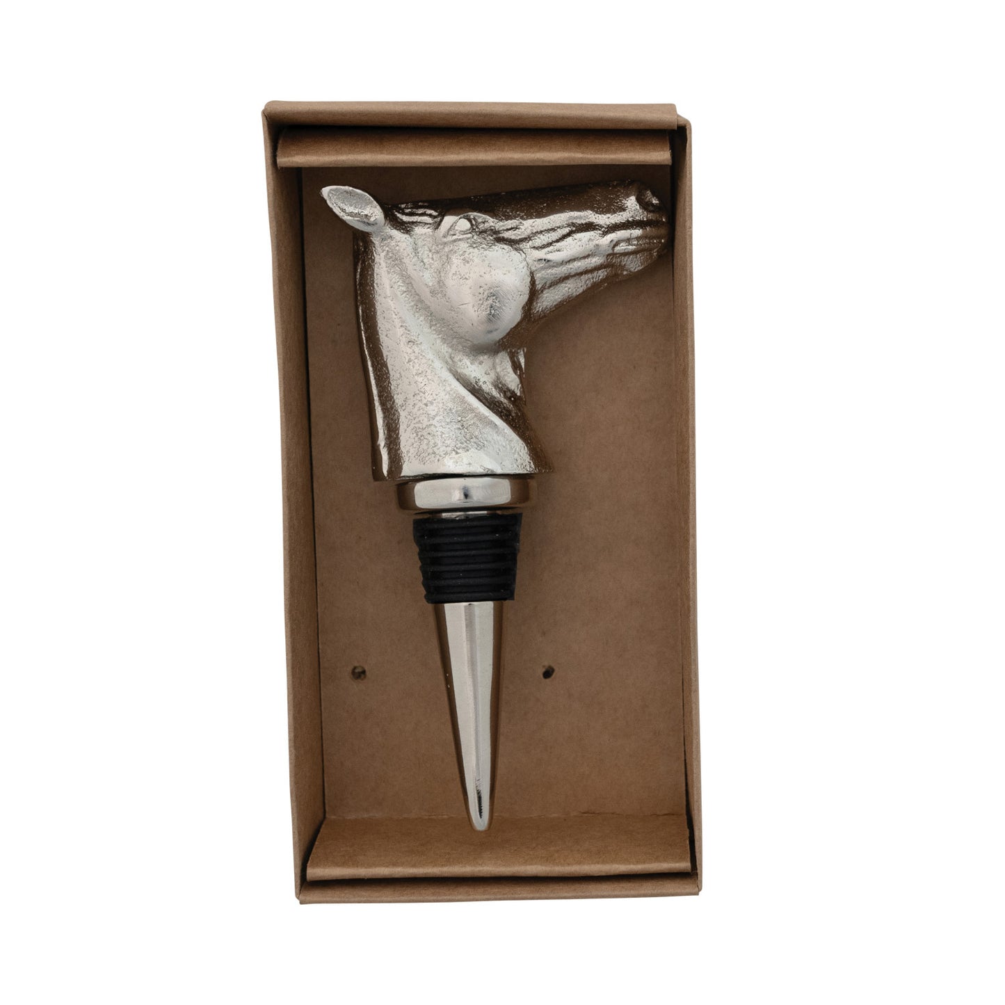 The Cast Aluminum Horse Head Bottle Stopper features a shiny nickel finish and a black rubber ring for an airtight seal. Available size: standard bottle stopper size.