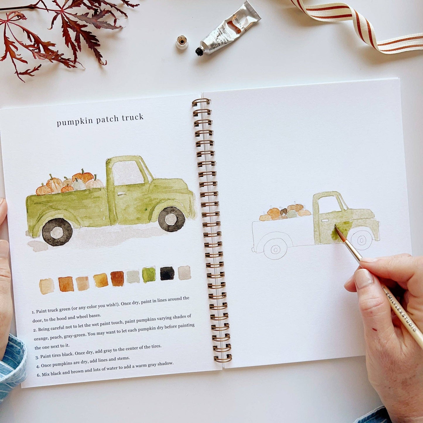 Autumn Watercolor Workbook: spiral-bound, features fall illustrations, color swatches, step-by-step guides. Available in multiple sizes.