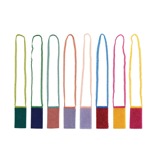 Eight Handmade Acrylic Beaded Two-Tone Crossbody Phone Cases feature vibrant color combinations with long straps. Available in green, blue, orange, red, purple, pink, and yellow.