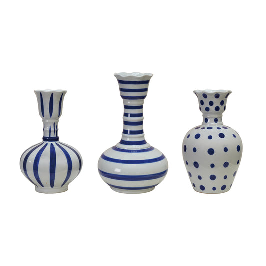 9"-10" hand-painted stoneware vases in blue and white. Available styles: vertical stripes, horizontal stripes, polka dots.