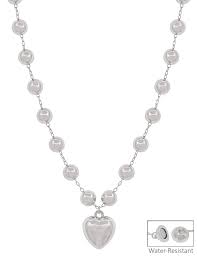 Silver 10MM Beaded Necklace with centered puffy heart pendant, visible clasp, water resistant. Sizes available: 16", 18", 20".