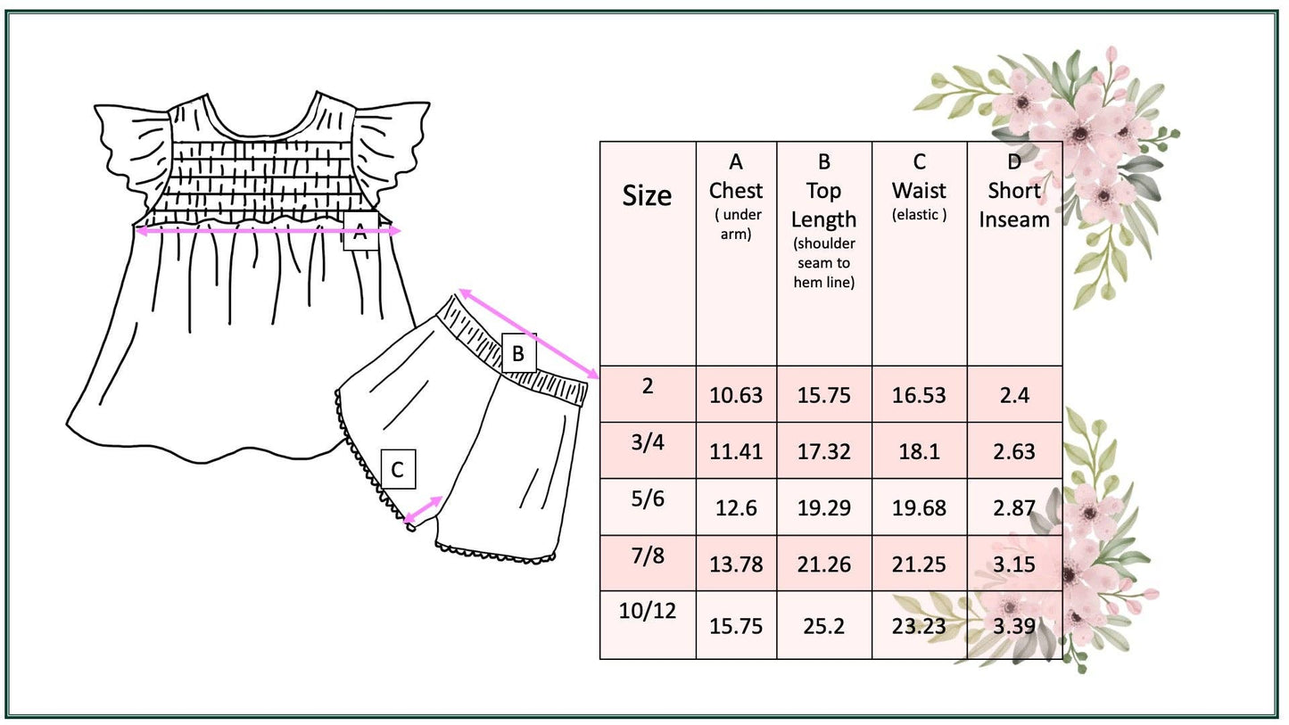 Size chart for Girls Teal Check Wave Short Set with chest, top length, waist, and inseam; available in sizes 2T-10.