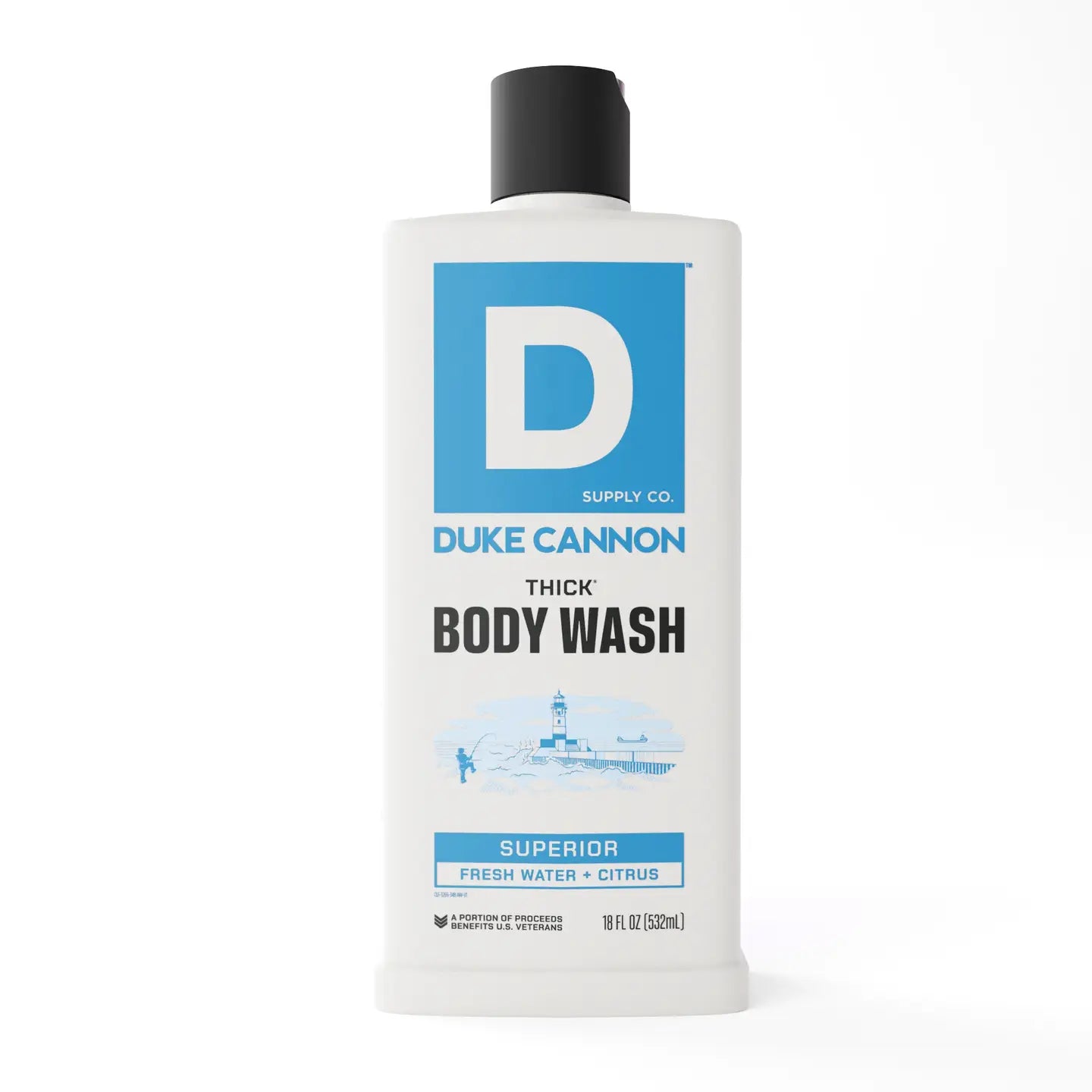 18oz white Duke Cannon Thick Body Wash bottle with blue/black text, lighthouse graphic, black cap; water/citrus scent.