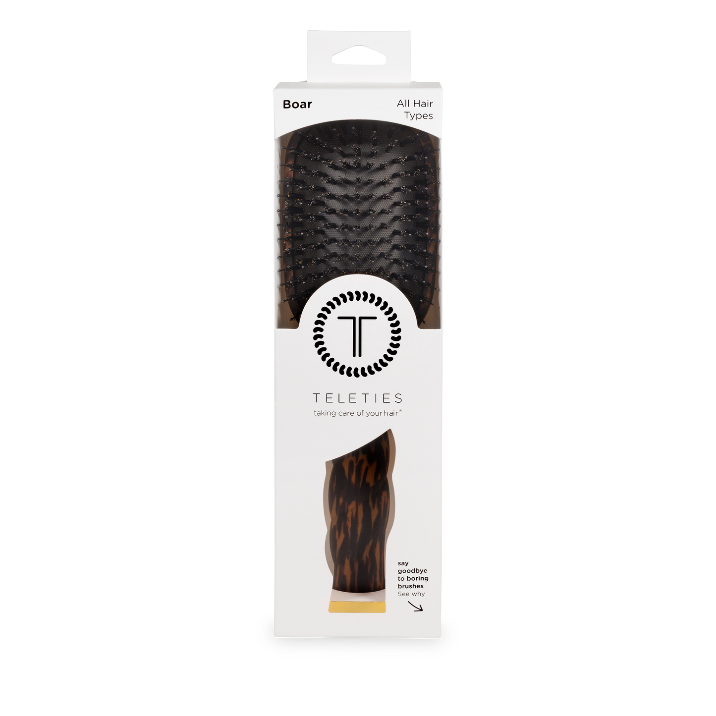 Rectangular white box with clear window displays Boar Bristle Hair Brush | Tortoise. Available in standard and large sizes.