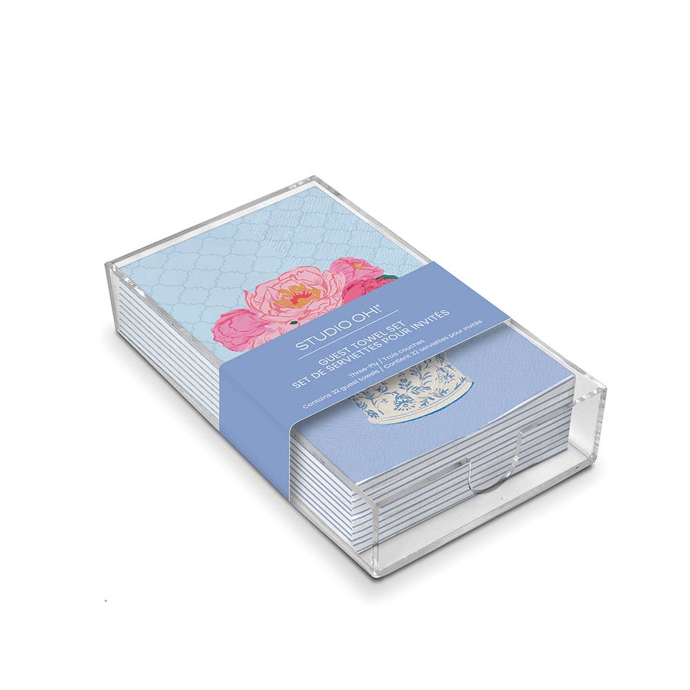 Bouquet on Blue Guest Towels in clear acrylic holder, blue with pink flowers and teacups, Studio Oh! label; 8x4.5 inches.
