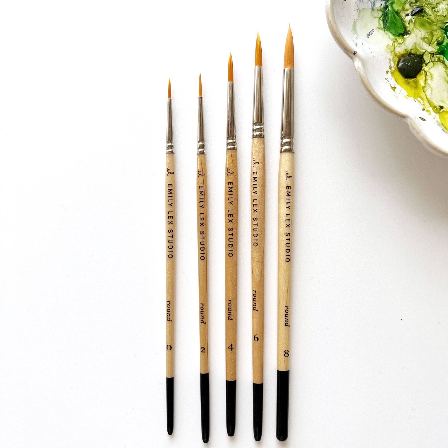 Watercolor Paintbrush, Size 6, wooden handle labeled "EMILY LEX STUDIO." Other sizes available.