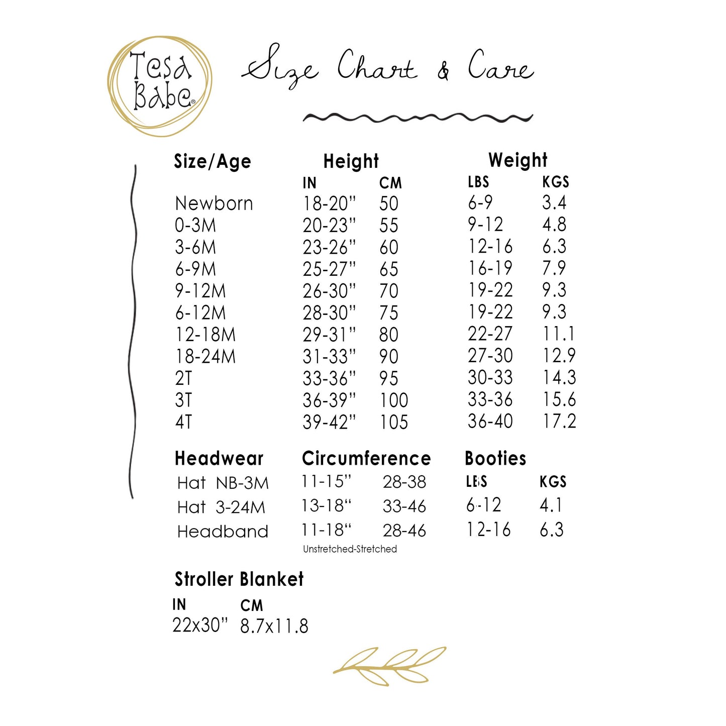 Tesa Babe Pink Embroidery Zippered Romper size chart: sizes NB-18M by age, height, weight in inches/cm and lbs/kg.