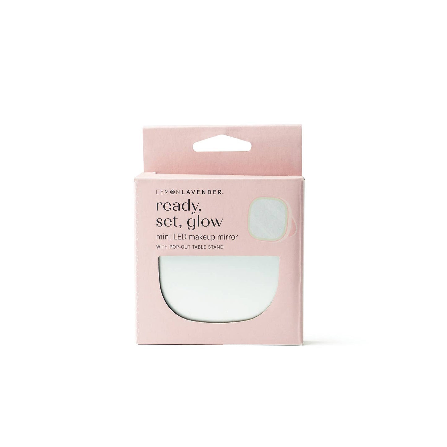 The product is a Lemon Lavender LED Light Up Mini Mirror, visible through a peek-through window in its pink packaging box. The mirror itself is white. No other size options available for this product.