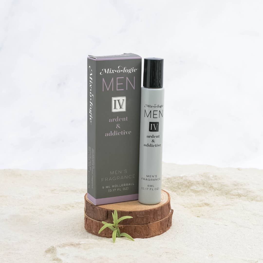 The Mixologie Men IV (Ardent & Addictive) alcohol-free cologne roll-on bottle and box. Size options: 5ml, 10ml.