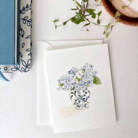 Set of 8 Hydrangea Bouquet Notecards with blue and white flowers in a vase. Sizes available upon request.