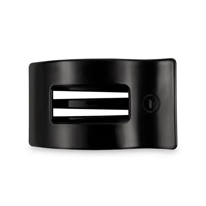 Black, glossy TELETIES Flat Rectangle Hair Clip with two center slots and a small round side button. Available in multiple sizes.
