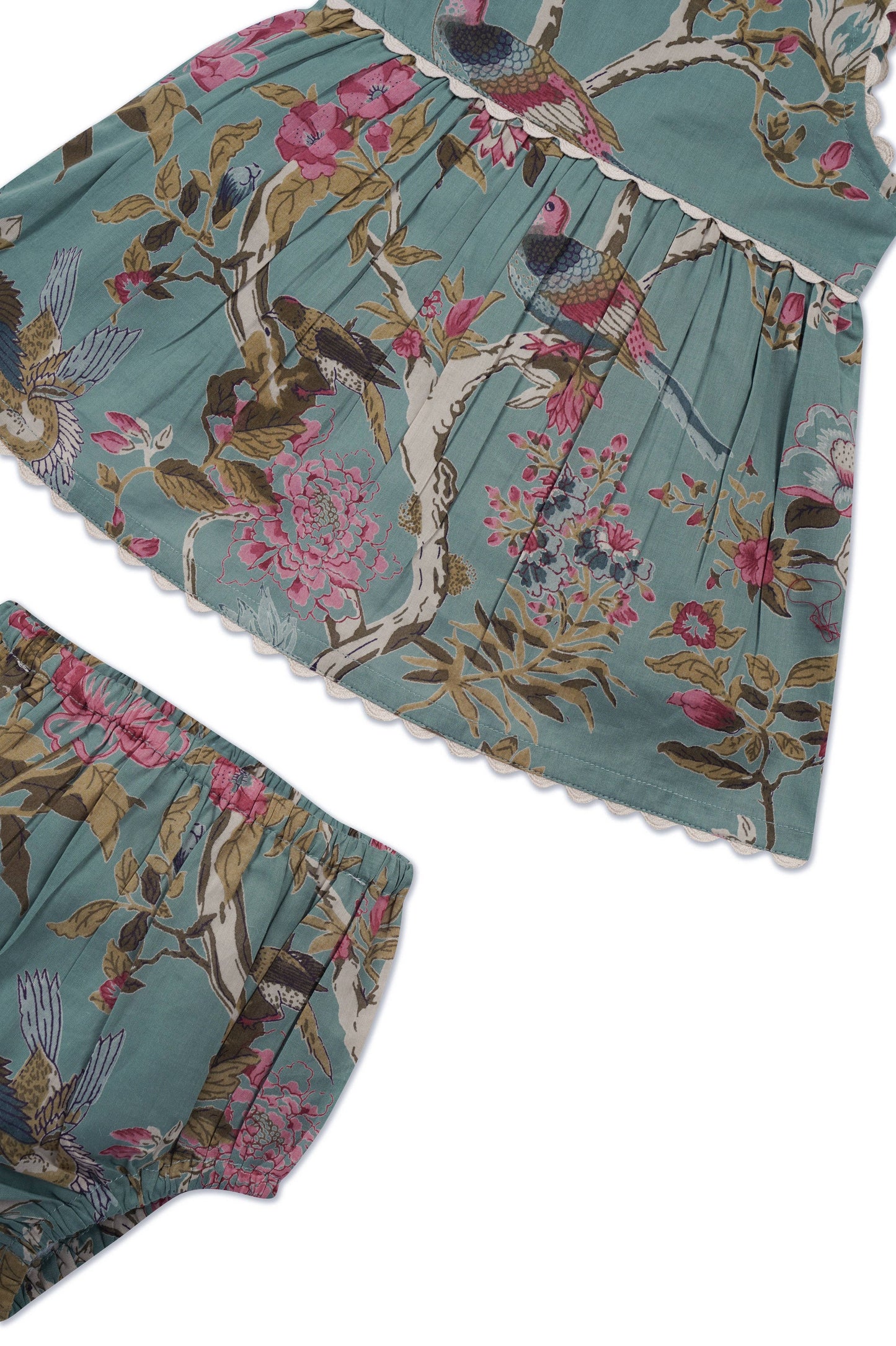 Sara Floral Dress in Sage with matching bloomers, scalloped edges, floral and bird pattern. Available in sizes 0-24 months.