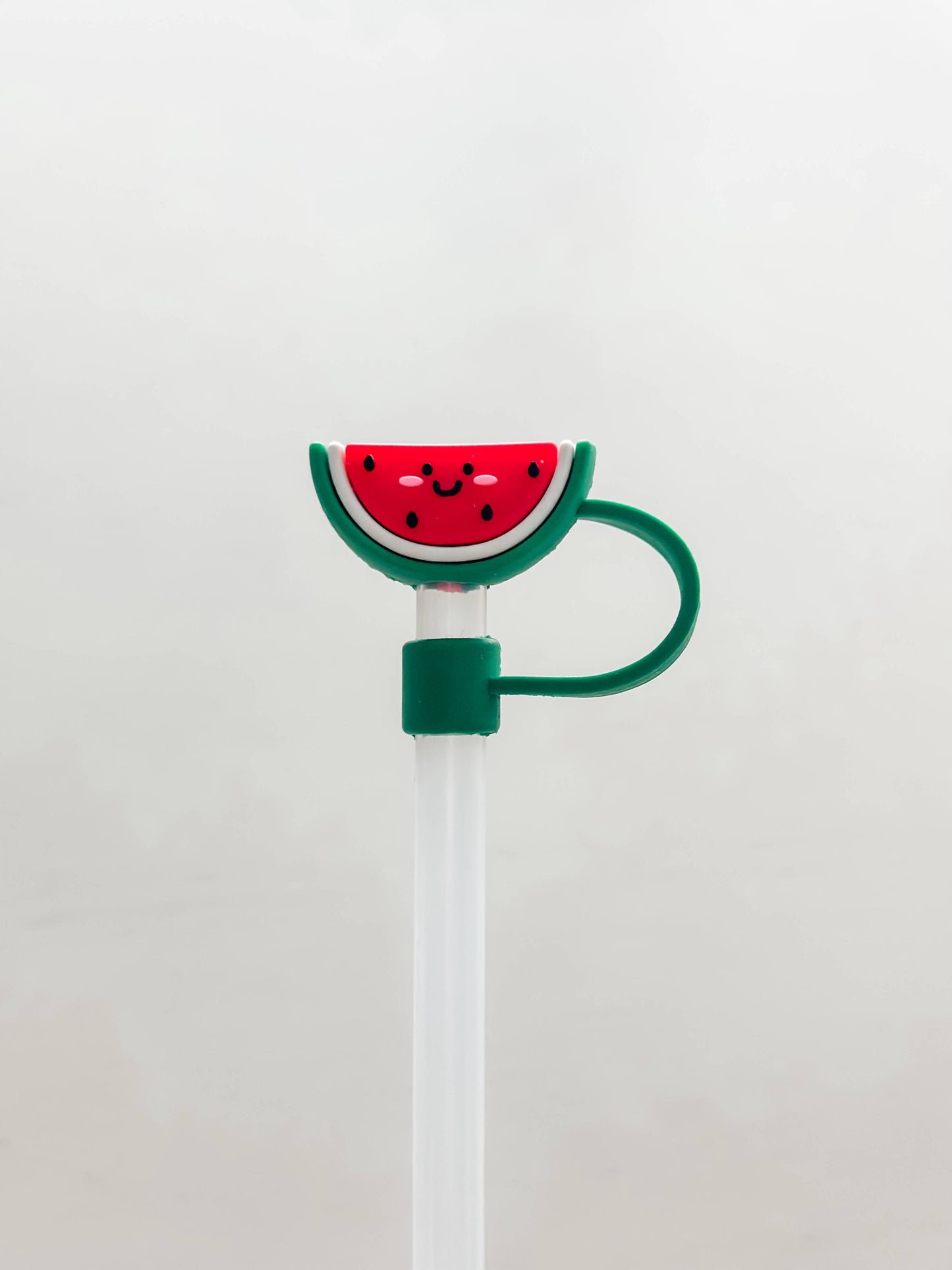 Straw Cover "Watermelon" with smiling watermelon slice topper, green handle. Fits standard-size straws. Sizes: standard only.