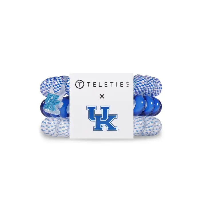 TELETIES Hair Ties, blue and white spiral with UK logo, available in small and large sizes, come with branded packaging.