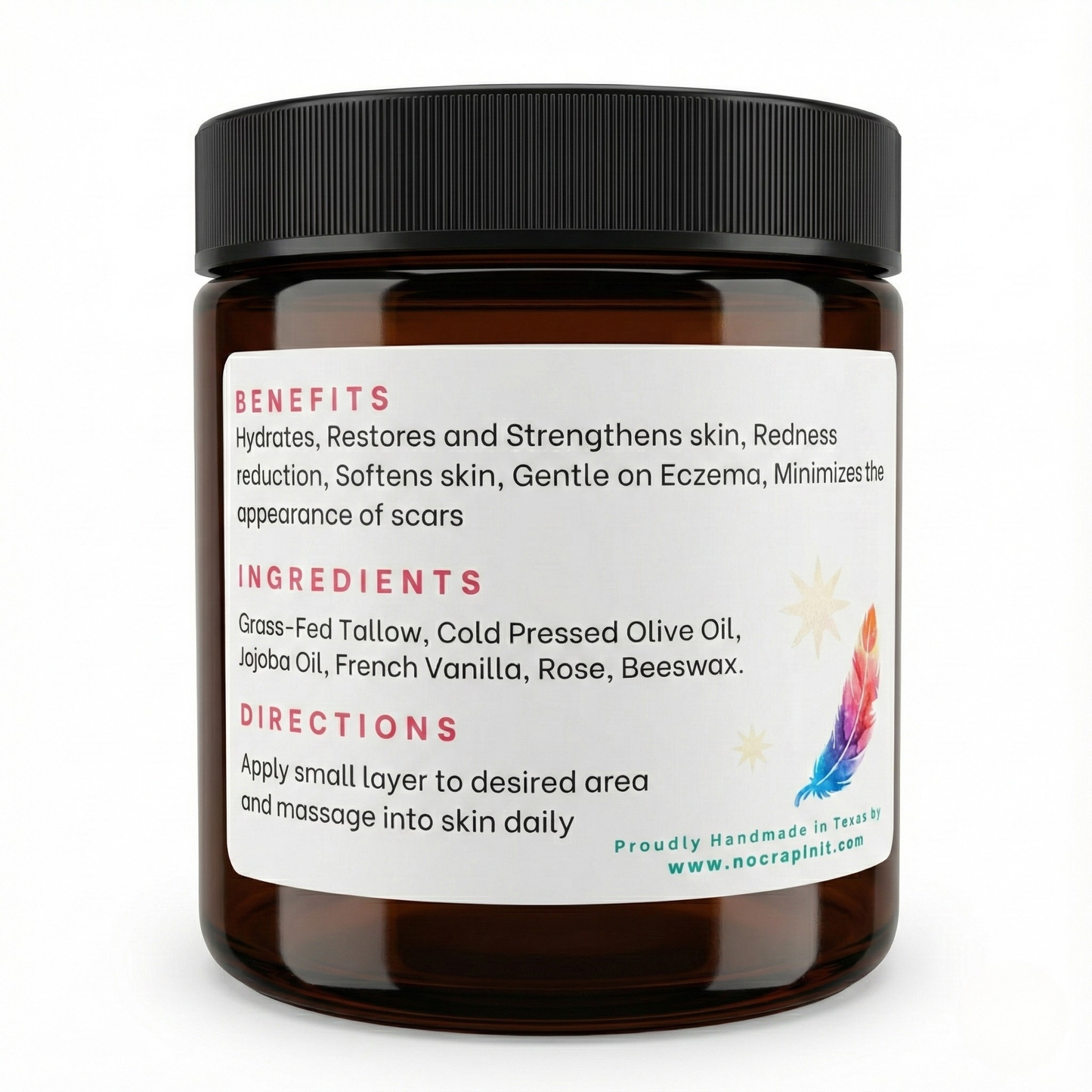 Romance Tallow Balm in brown jar with black lid, labeled for eczema; available sizes not specified on packaging shown.