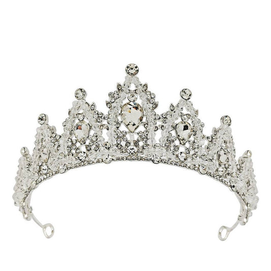 Crystal tiara, silver metal, with crystals and clear beading