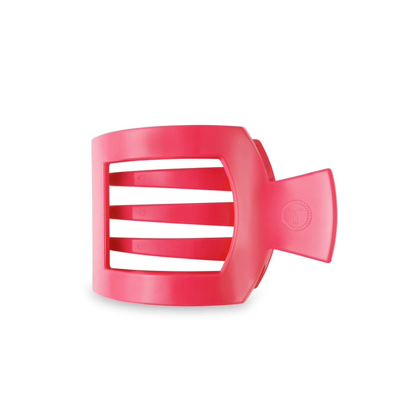 Red plastic square-shaped hair clip with three horizontal bars and a wide handle. Strong grip design. Available sizes: Small, Medium.