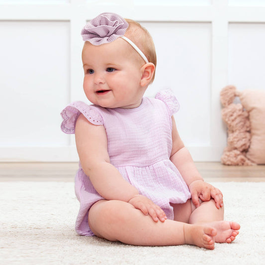 Lavender Bubble Gauze Bodysuit with embroidered flutter sleeves and matching headband. Available in sizes NB-24M.