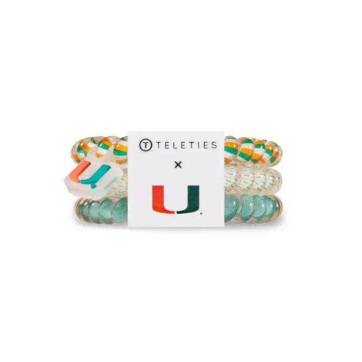 Set of three TELETIES Hair Ties (green, orange, clear) with University of Miami logo; available in small and large sizes.