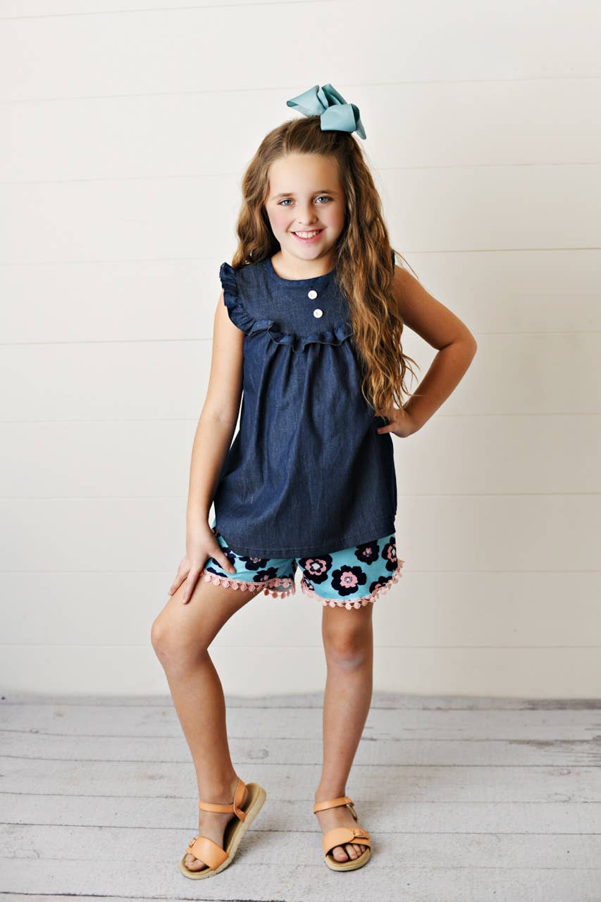 Kids Dark Jean Flower Ruffle Short Set, available in sizes 2T-6Y. Features floral ruffles and dark denim shorts.