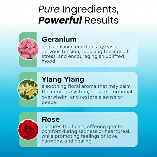 Harmony Inhaler: compact aromatherapy stick with Geranium, Ylang Ylang, and Rose. Available in 5ml and 10ml sizes.