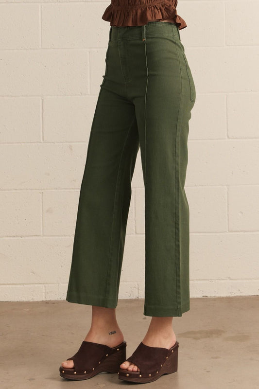 Evergreen High Rise Wide Leg Pants in hunter green, woven fabric; available in sizes XS–XL.