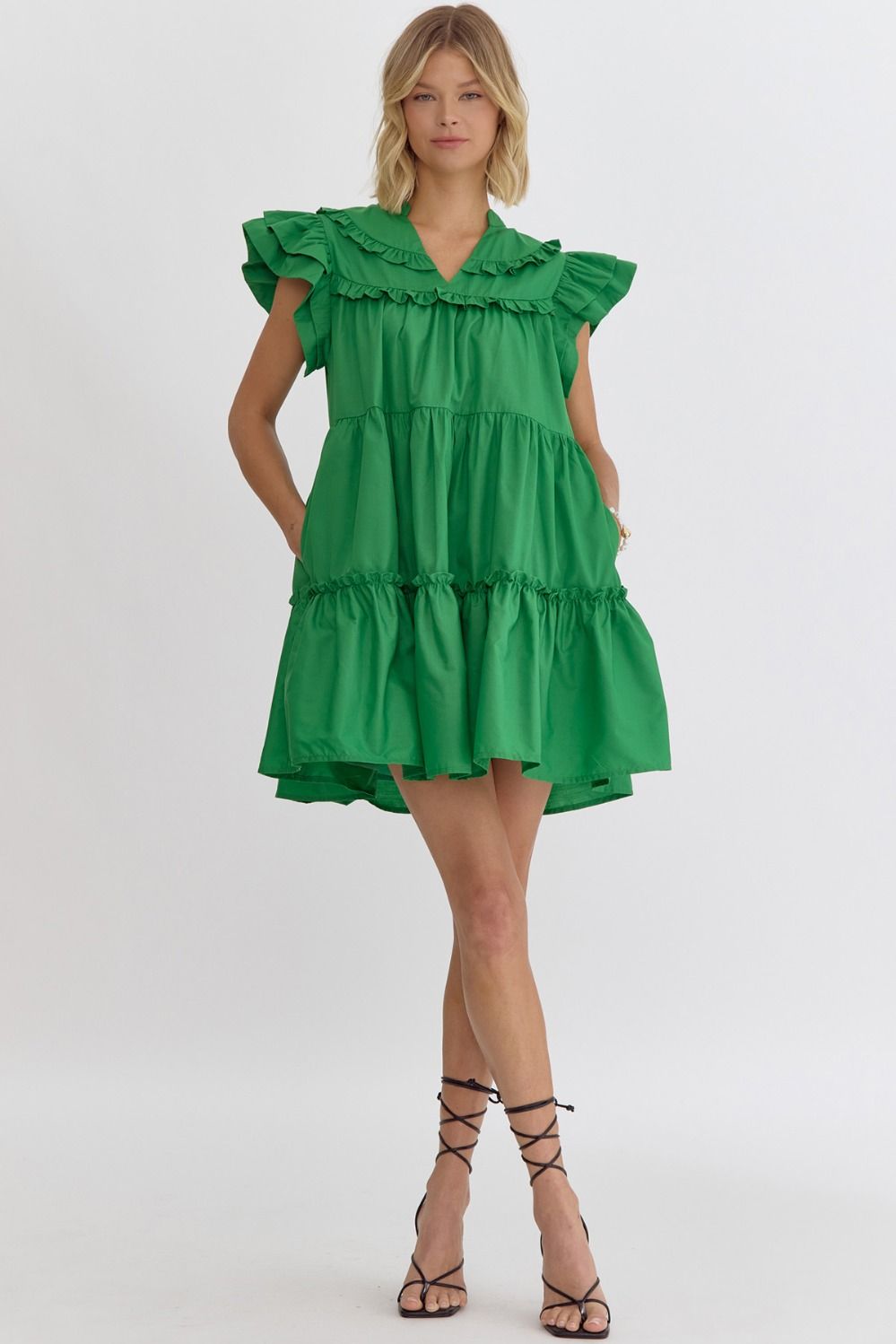 Daphne Meadow Bloom Dress: bright green, short, tiered, flutter ruffle sleeves. Available in XS-XL.