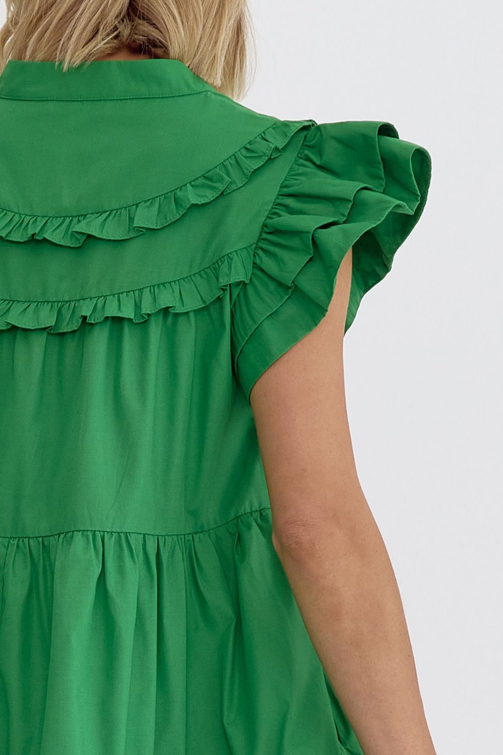Daphne Meadow Bloom Dress with bright green ruffle sleeves, layered ruffles on back. Available in sizes XS-XL.