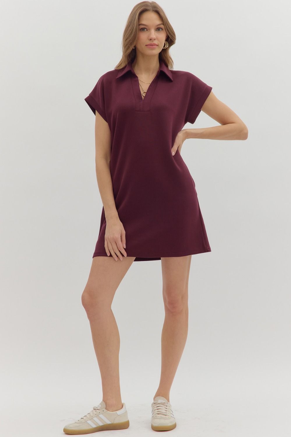 Collared Solid V-Neck Pullover Dress in maroon, available in sizes XS-XL.