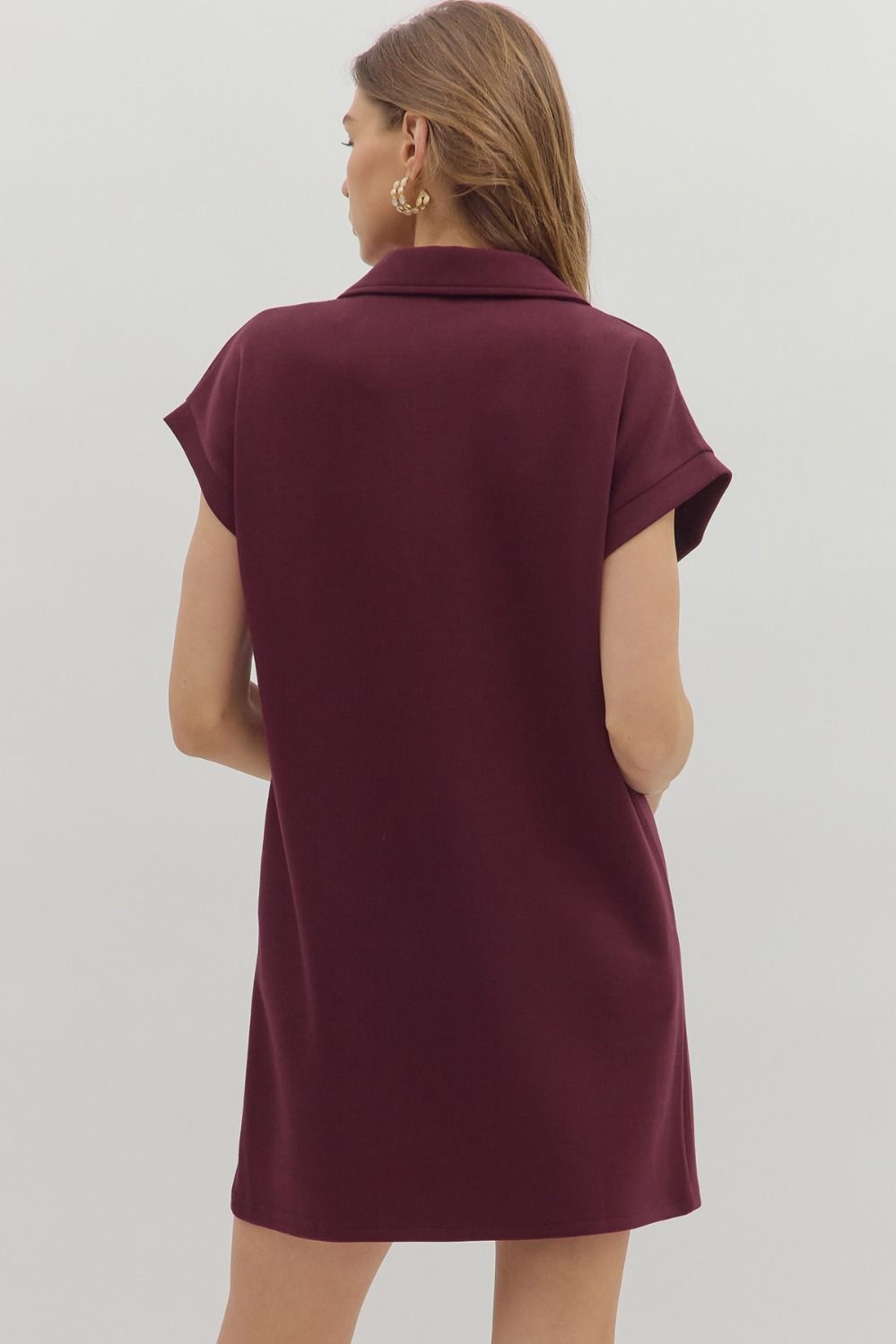 Collared Solid V-Neck Pullover Dress in dark burgundy with short sleeves. Available in sizes XS–XL.