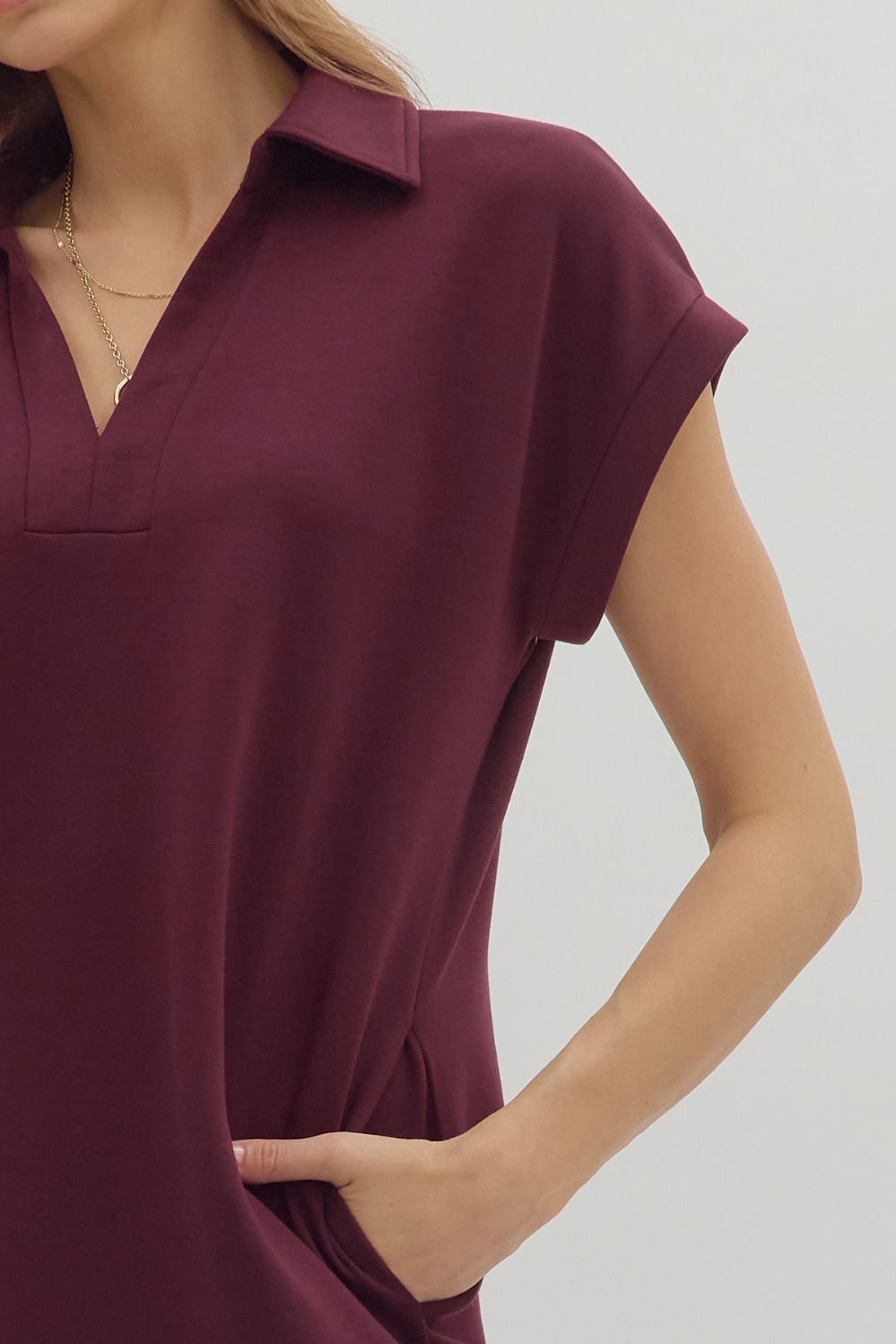 Collared Solid V-Neck Pullover Dress in dark burgundy, features pockets. Available in sizes XS-XL.