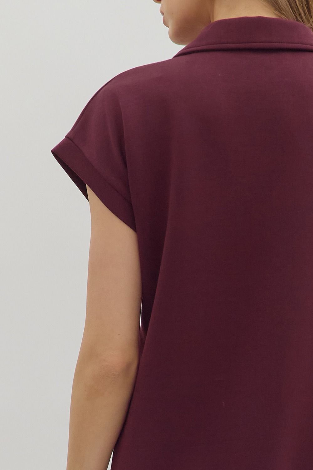 Collared Solid V-Neck Pullover Dress in solid fabric; available in sizes XS to XL.