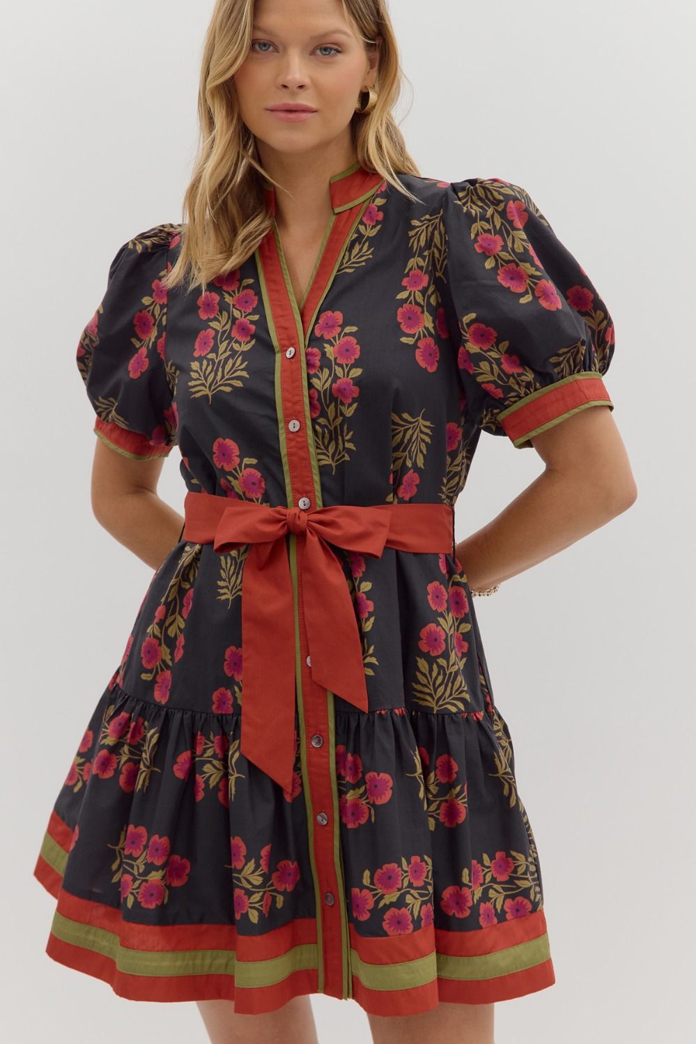 Angie Floral Puff Sleeve Ruffle Hem Dress: short dark mini, pink flowers, green leaves, puff sleeves. Sizes S-XL.