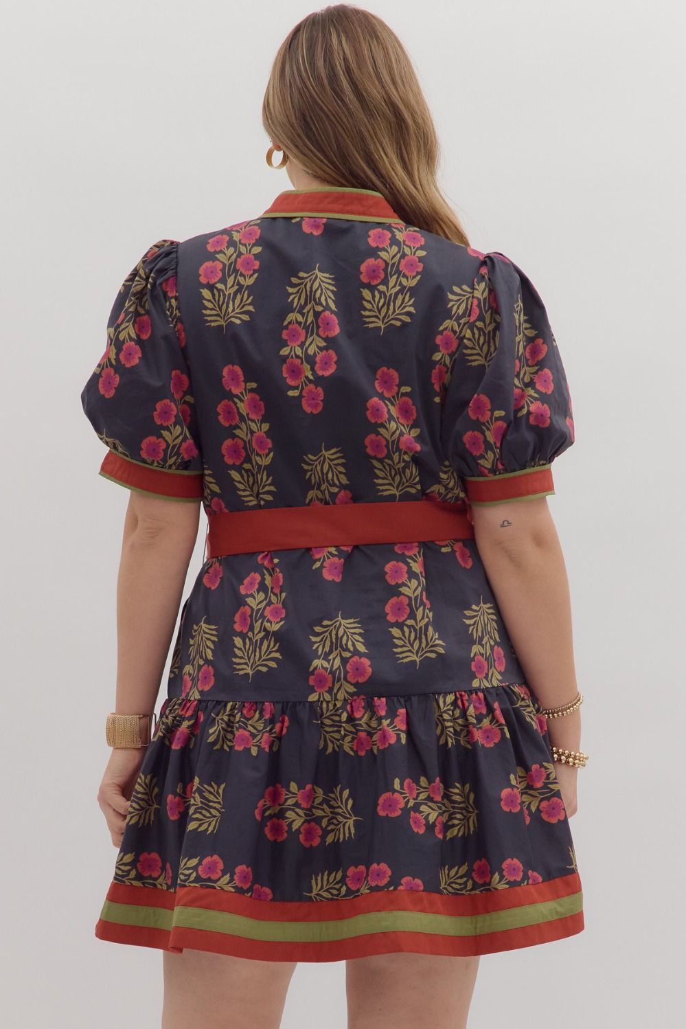 Angie Floral Puff Sleeve Ruffle Hem Dress: fall mini, pink/green florals, red waistband, dark base. Sizes XS-XL.