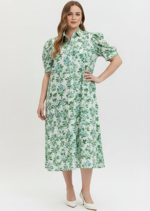 Cream Botanical Ruffle Trim Midi Dress